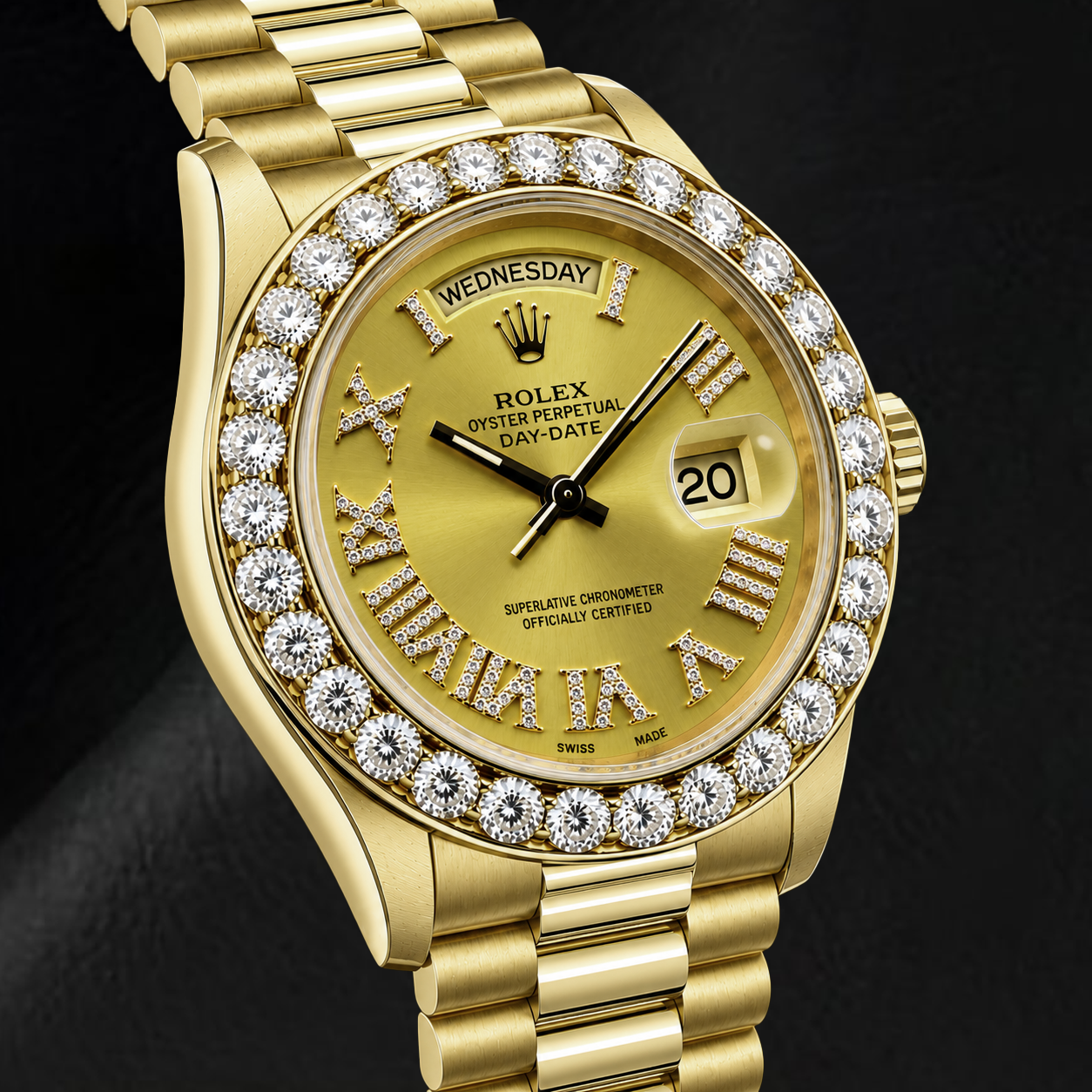 Rolex Day-Date 18038 36 mm Gelbgold Uhr mit champagnerfarbenem Diamantzifferblatt und römischen Ziffern