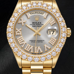 Rolex Day-Date 18038 36 mm Gelbgold Uhr mit silbernem römischem Diamantzifferblatt