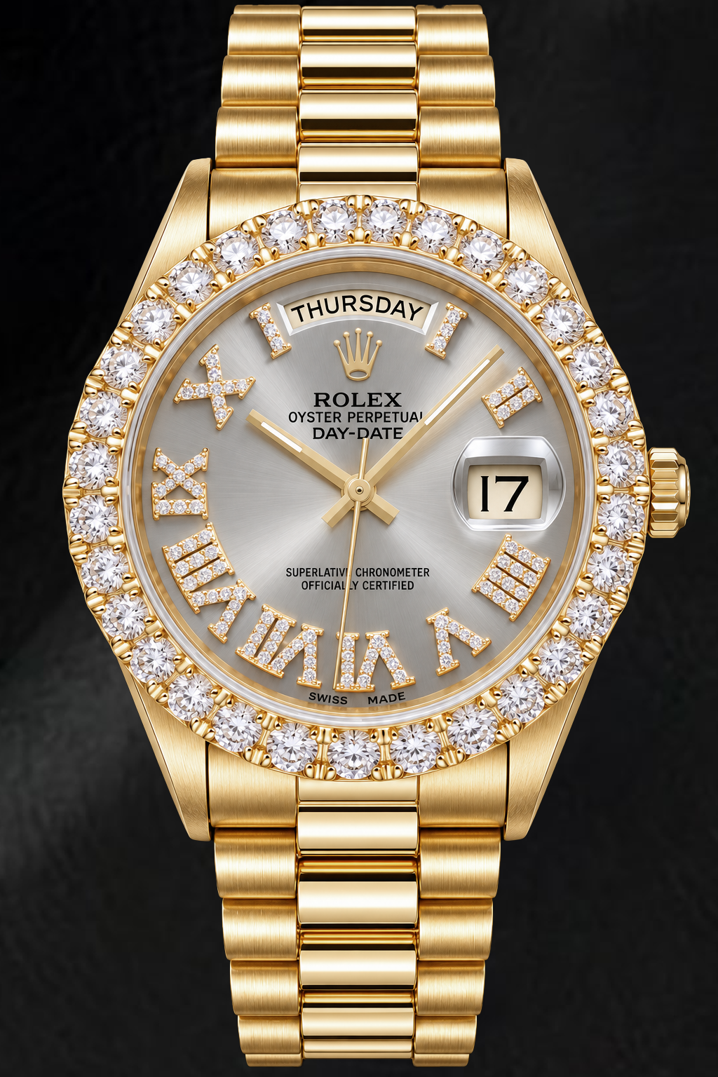 Rolex Day-Date 18038 36 mm Gelbgold Uhr mit silbernem römischem Diamantzifferblatt