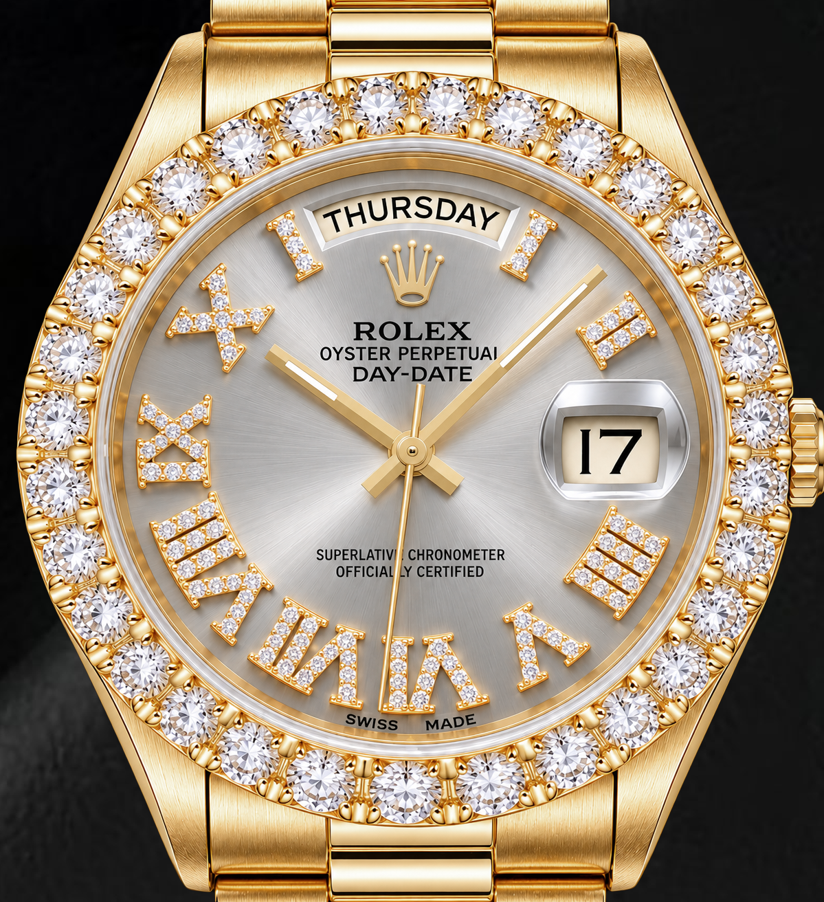 Rolex Day-Date 18038 36 mm Gelbgold Uhr mit silbernem römischem Diamantzifferblatt