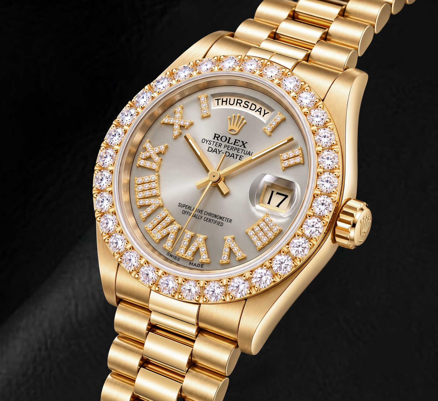Rolex Day-Date 18038 36 mm Gelbgold Uhr mit silbernem römischem Diamantzifferblatt