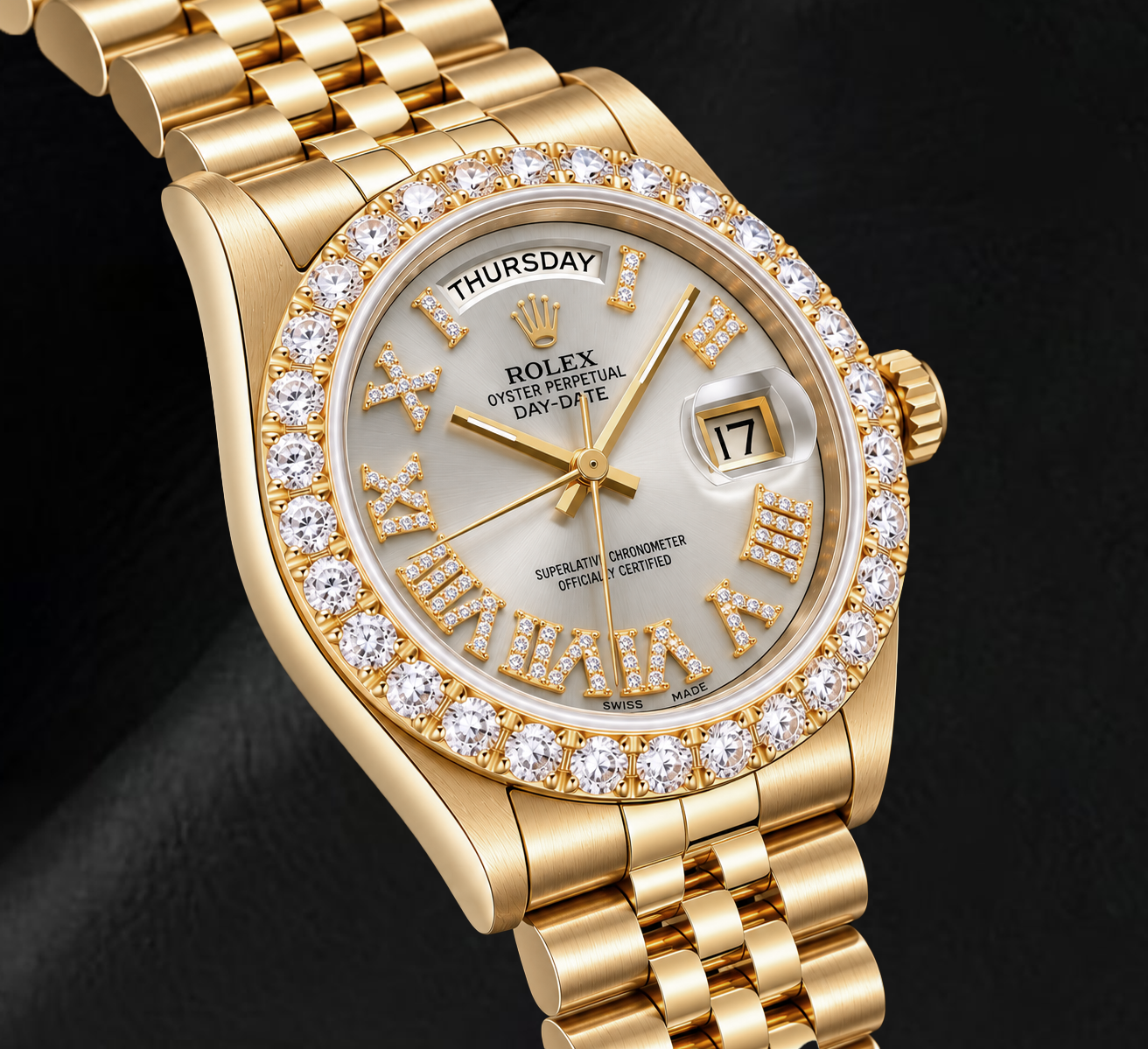 Rolex Day-Date 18038 36 mm Gelbgold Uhr mit silbernem römischem Diamantzifferblatt