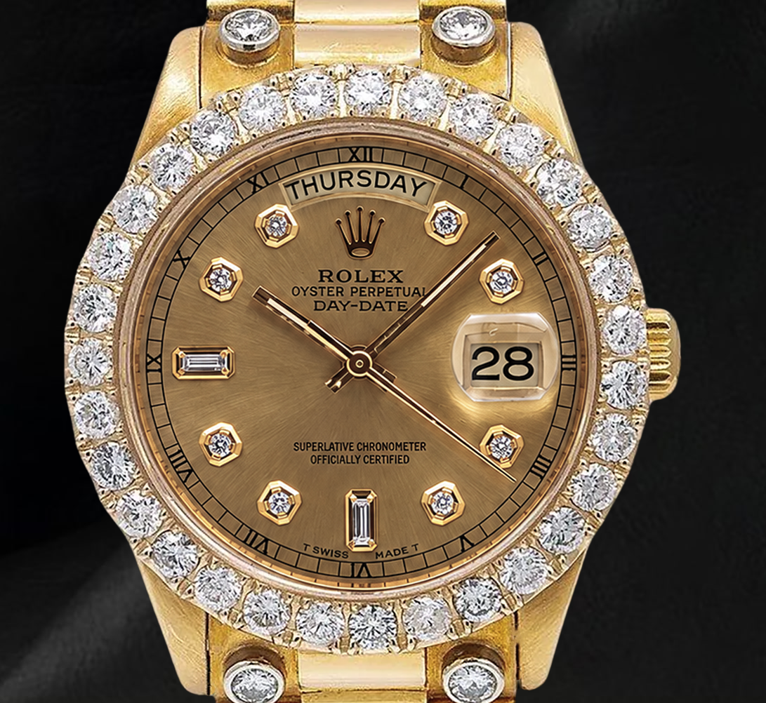 Rolex Day-Date 18038 36 mm Uhr aus 18 Karat Gelbgold mit Champagner-Diamantzifferblatt