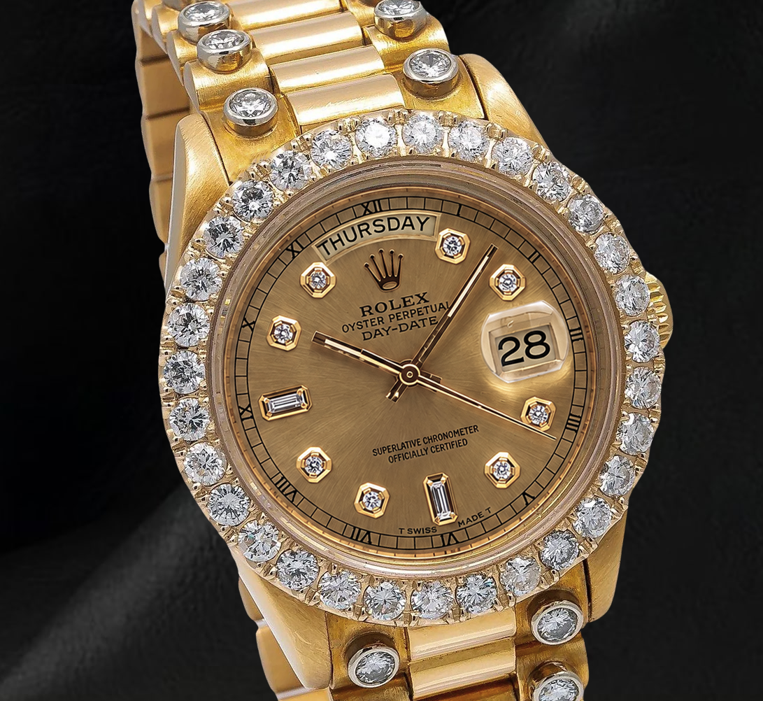 Rolex Day-Date 18038 36 mm Uhr aus 18 Karat Gelbgold mit Champagner-Diamantzifferblatt