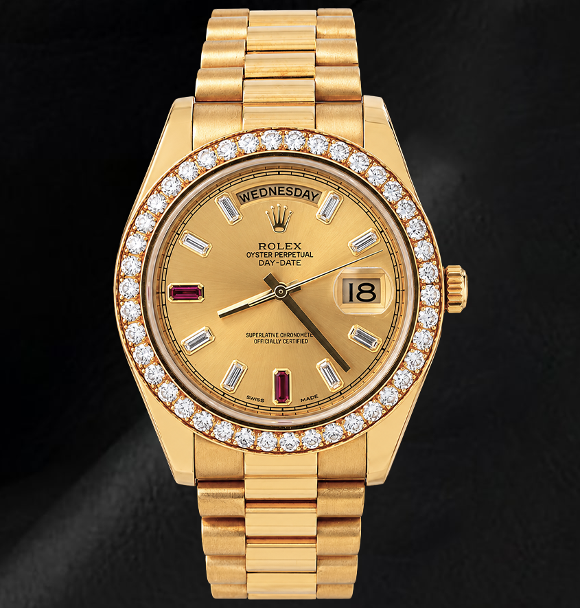 Rolex Day Date II 218348 41 mm Uhr aus 18 Karat Gelbgold mit champagnerfarbenem Baguette-Diamantzifferblatt