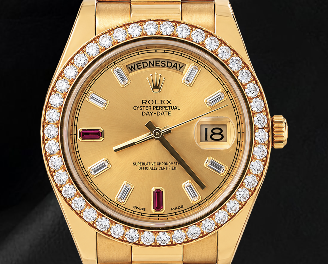 Rolex Day Date II 218348 41 mm Uhr aus 18 Karat Gelbgold mit champagnerfarbenem Baguette-Diamantzifferblatt