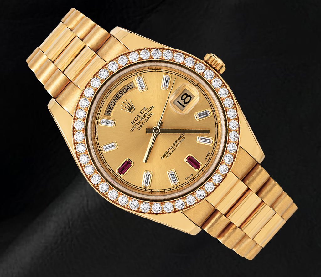 Rolex Day Date II 218348 41 mm Uhr aus 18 Karat Gelbgold mit champagnerfarbenem Baguette-Diamantzifferblatt
