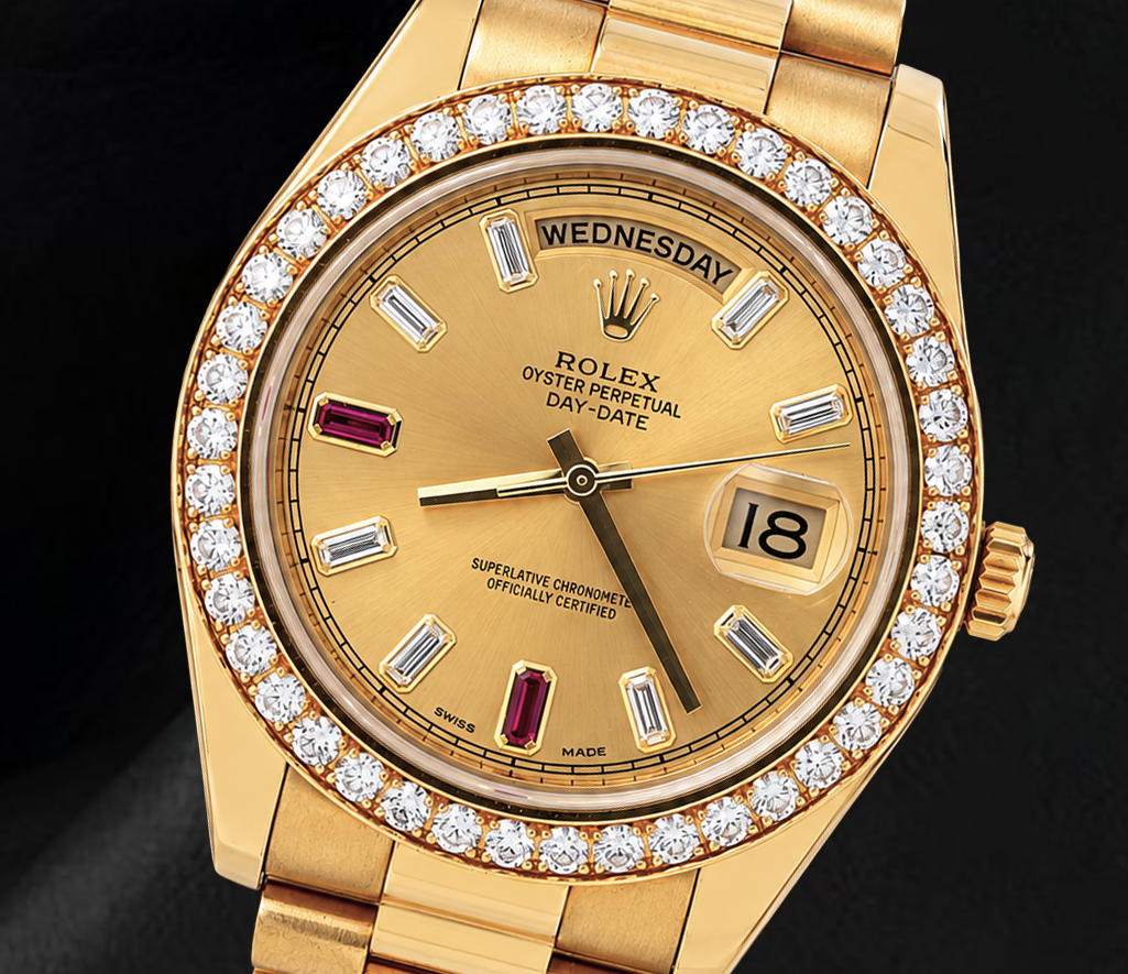 Rolex Day Date II 218348 41 mm Uhr aus 18 Karat Gelbgold mit champagnerfarbenem Baguette-Diamantzifferblatt