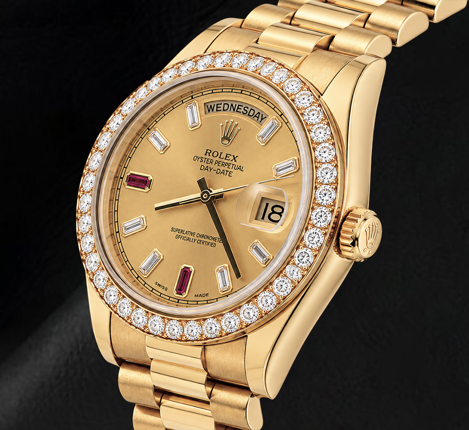Rolex Day Date II 218348 41 mm Uhr aus 18 Karat Gelbgold mit champagnerfarbenem Baguette-Diamantzifferblatt