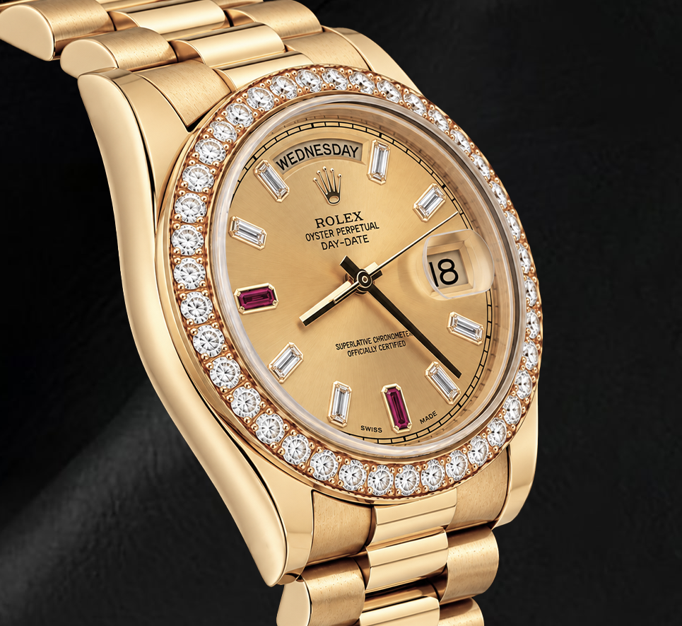 Rolex Day Date II 218348 41 mm Uhr aus 18 Karat Gelbgold mit champagnerfarbenem Baguette-Diamantzifferblatt