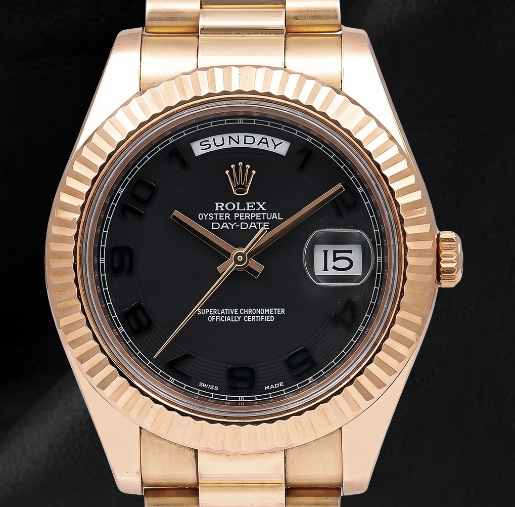Rolex Day Date II 41 mm 218235 Uhr aus Roségold mit schwarzem arabischem Zifferblatt und President-Armband