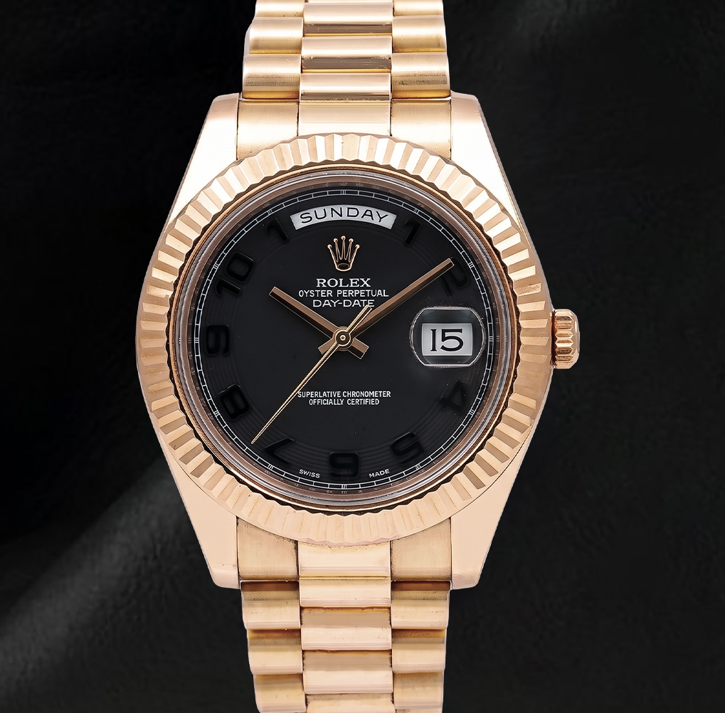 Rolex Day Date II 41 mm 218235 Uhr aus Roségold mit schwarzem arabischem Zifferblatt und President-Armband