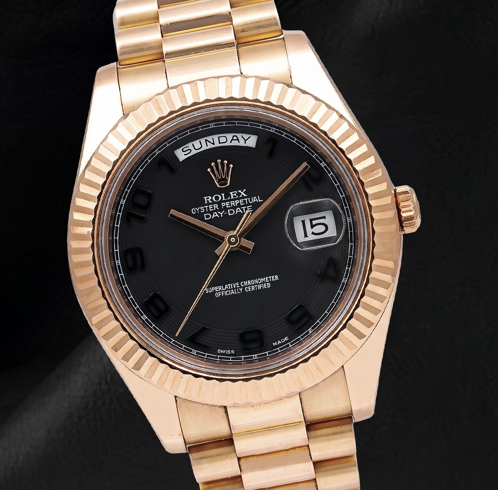 Rolex Day Date II 41 mm 218235 Uhr aus Roségold mit schwarzem arabischem Zifferblatt und President-Armband