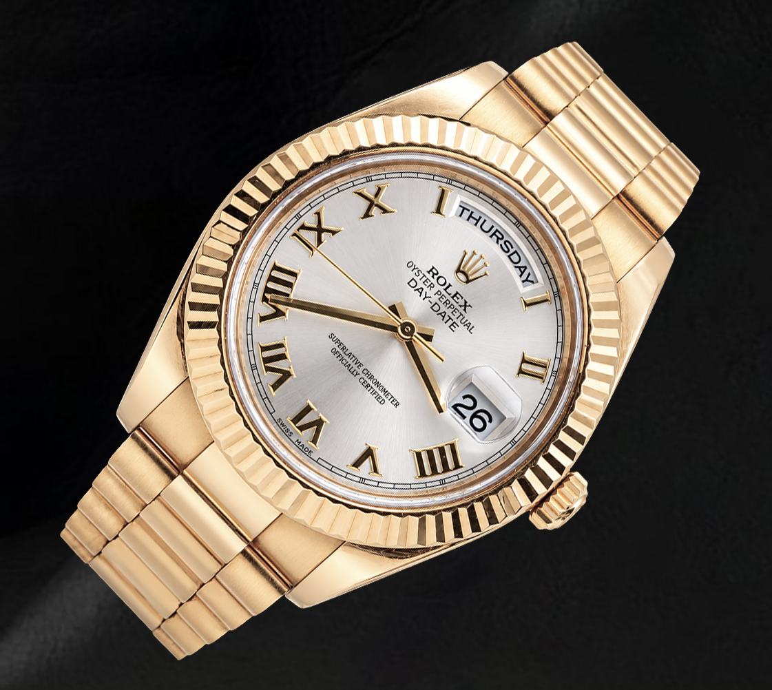 Rolex Day-Date II 41 mm 218238 Gelbgold Uhr mit silbernem römischen Zifferblatt und President-Armband