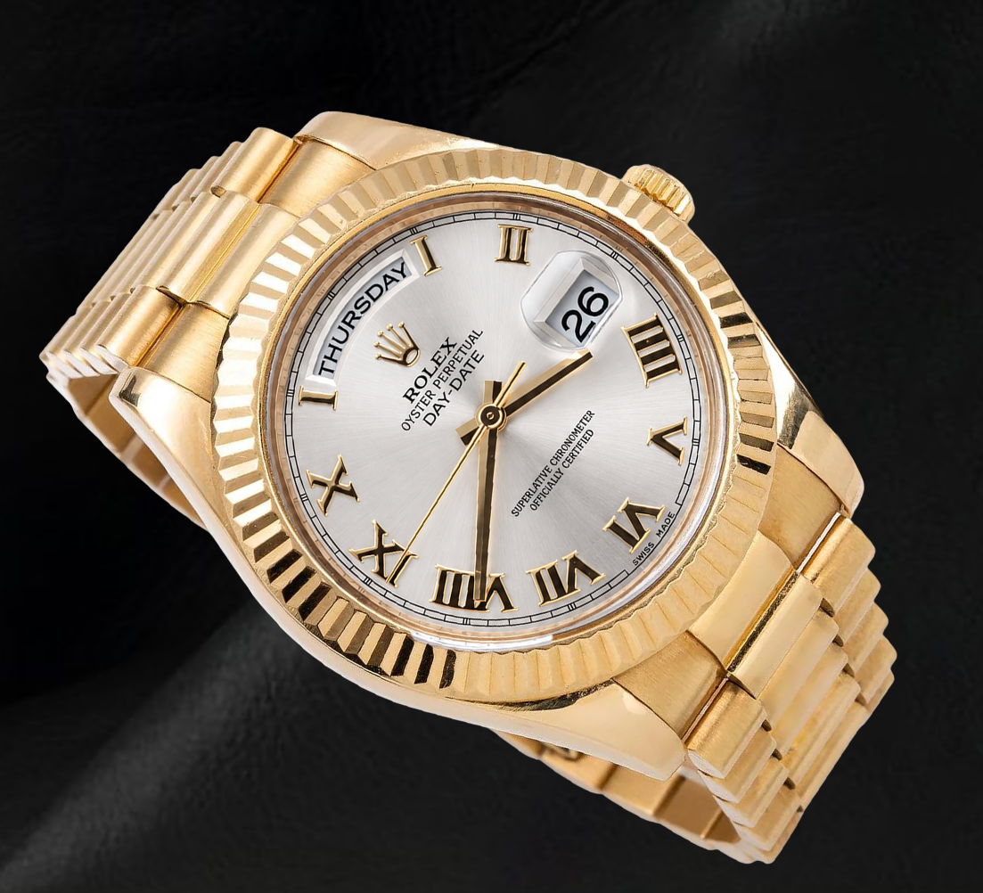 Rolex Day-Date II 41 mm 218238 Gelbgold Uhr mit silbernem römischen Zifferblatt und President-Armband