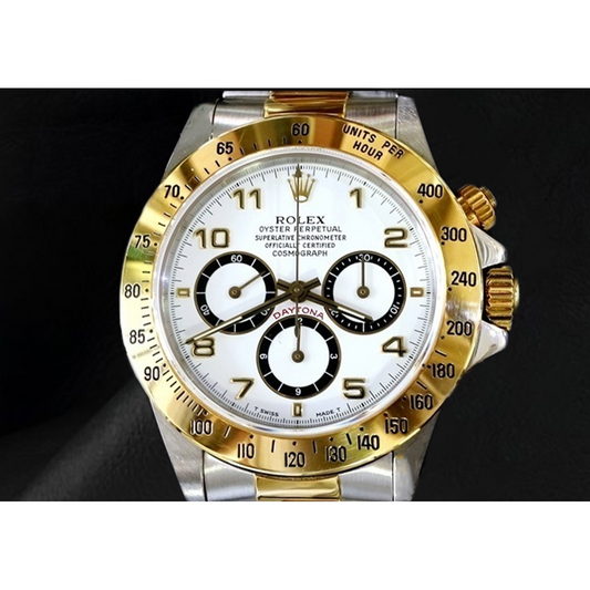 Rolex Daytona Cosmograph Uhr aus Edelstahl und Gelbgold mit arabischem Zifferblatt