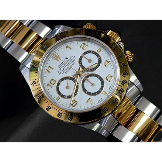 Rolex Daytona Cosmograph Uhr aus Edelstahl und Gelbgold mit arabischem Zifferblatt