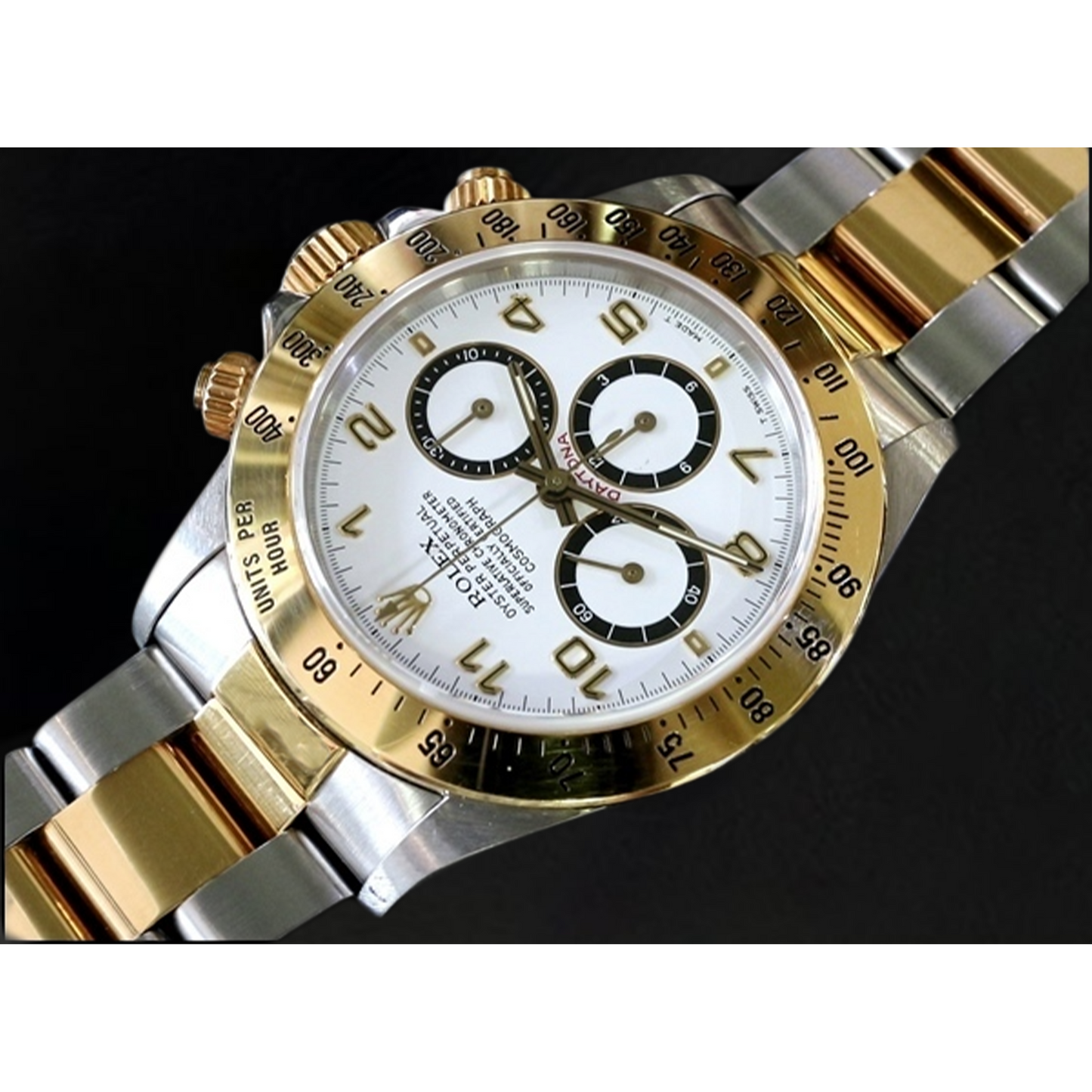 Rolex Daytona Cosmograph Uhr aus Edelstahl und Gelbgold mit arabischem Zifferblatt