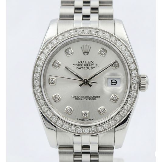 Rolex Date just Mittelgroß 31 mm Uhr, individuelles Diamant-Zifferblatt, Jubilee-Armband, rostfrei