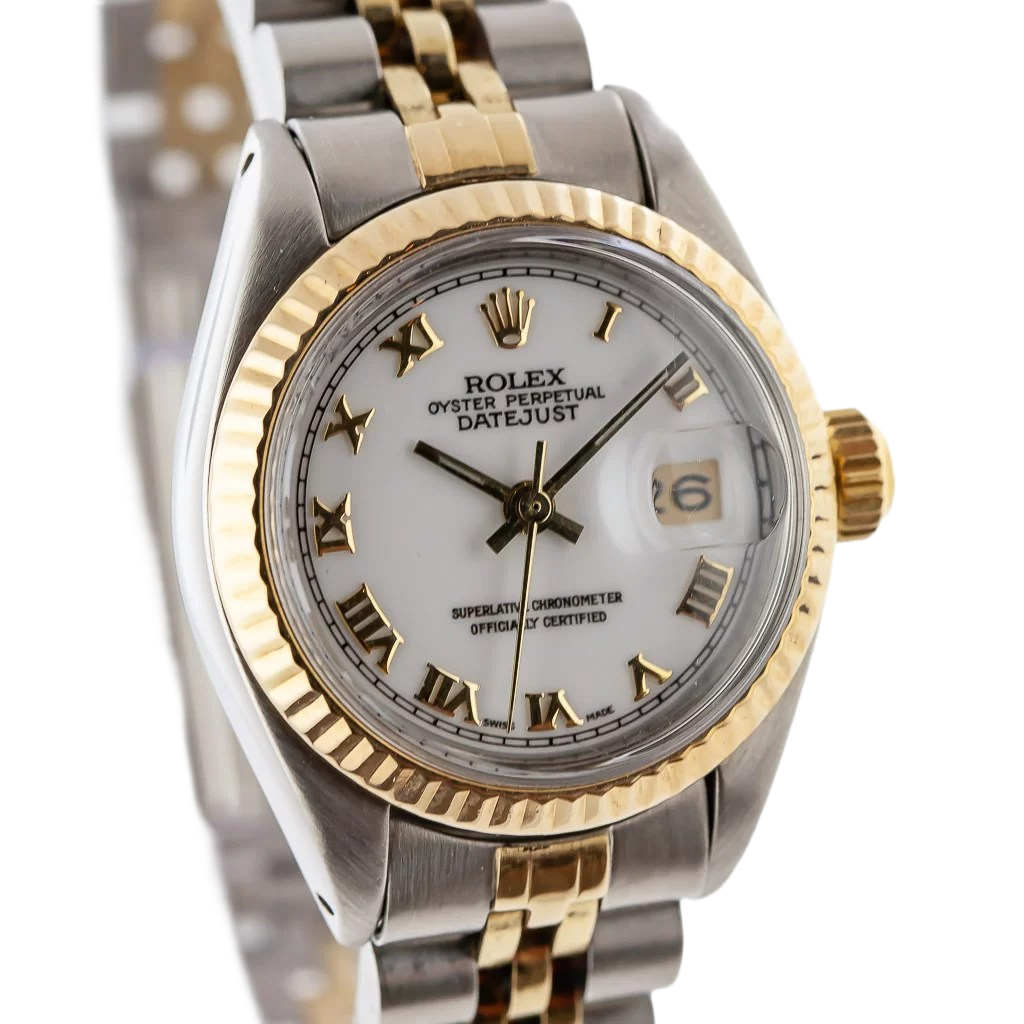 Rolex Dj Uhr mit römischem Zifferblatt, geriffelter Lünette, Edelstahl und goldenem Jubilee-Armband