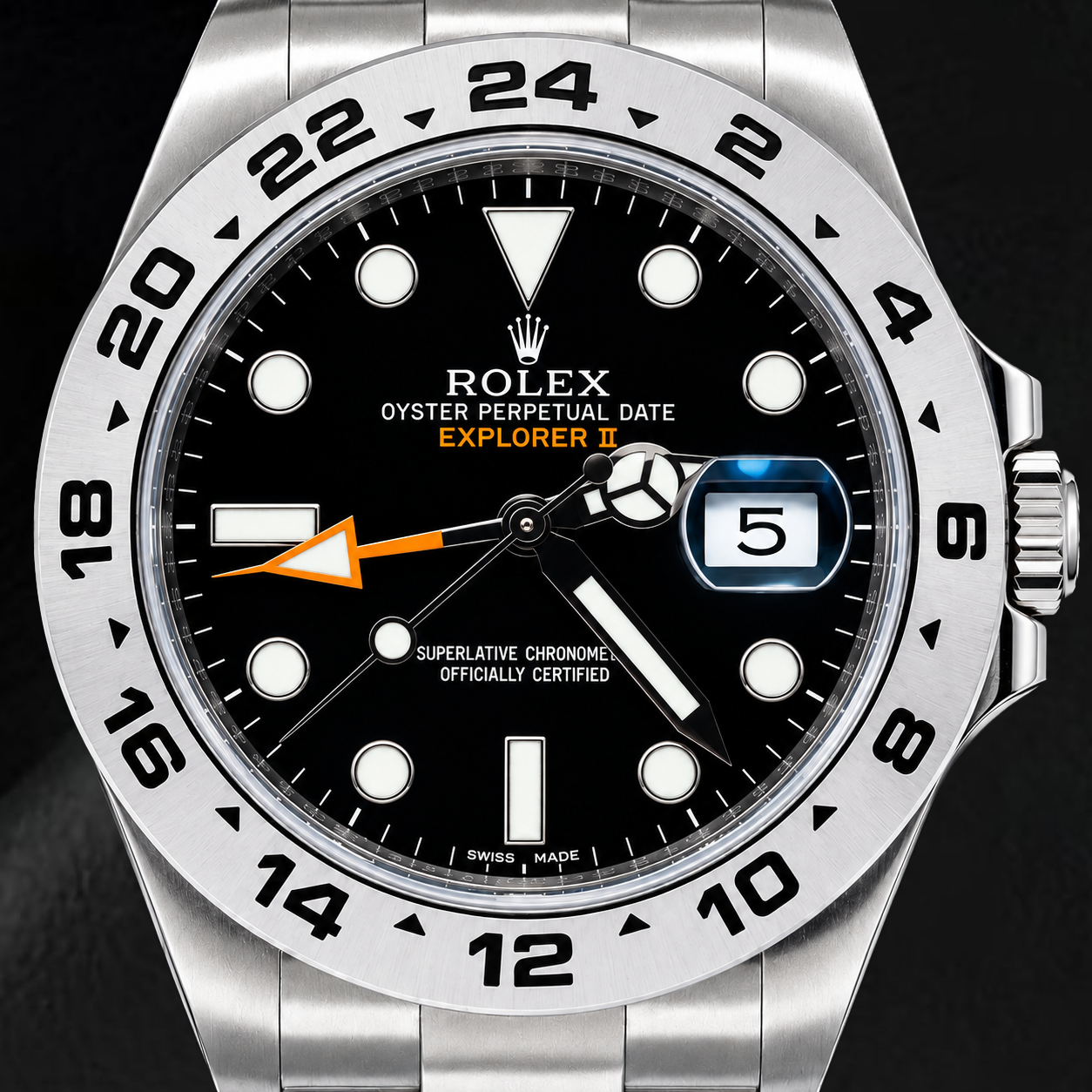 Rolex Explorer II 216570 42 mm Uhr aus Edelstahl mit schwarzem Leuchtzifferblatt