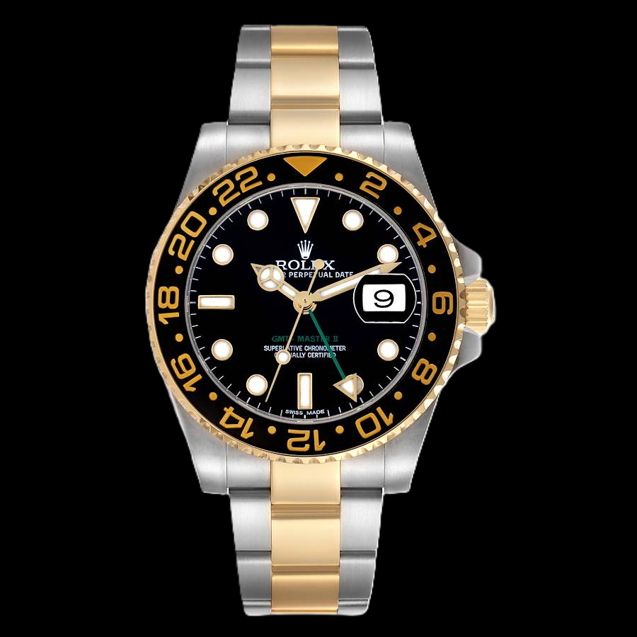 Rolex GMT-Master II 116713 40 mm Bicolor Uhr mit schwarzem Leuchtzifferblatt