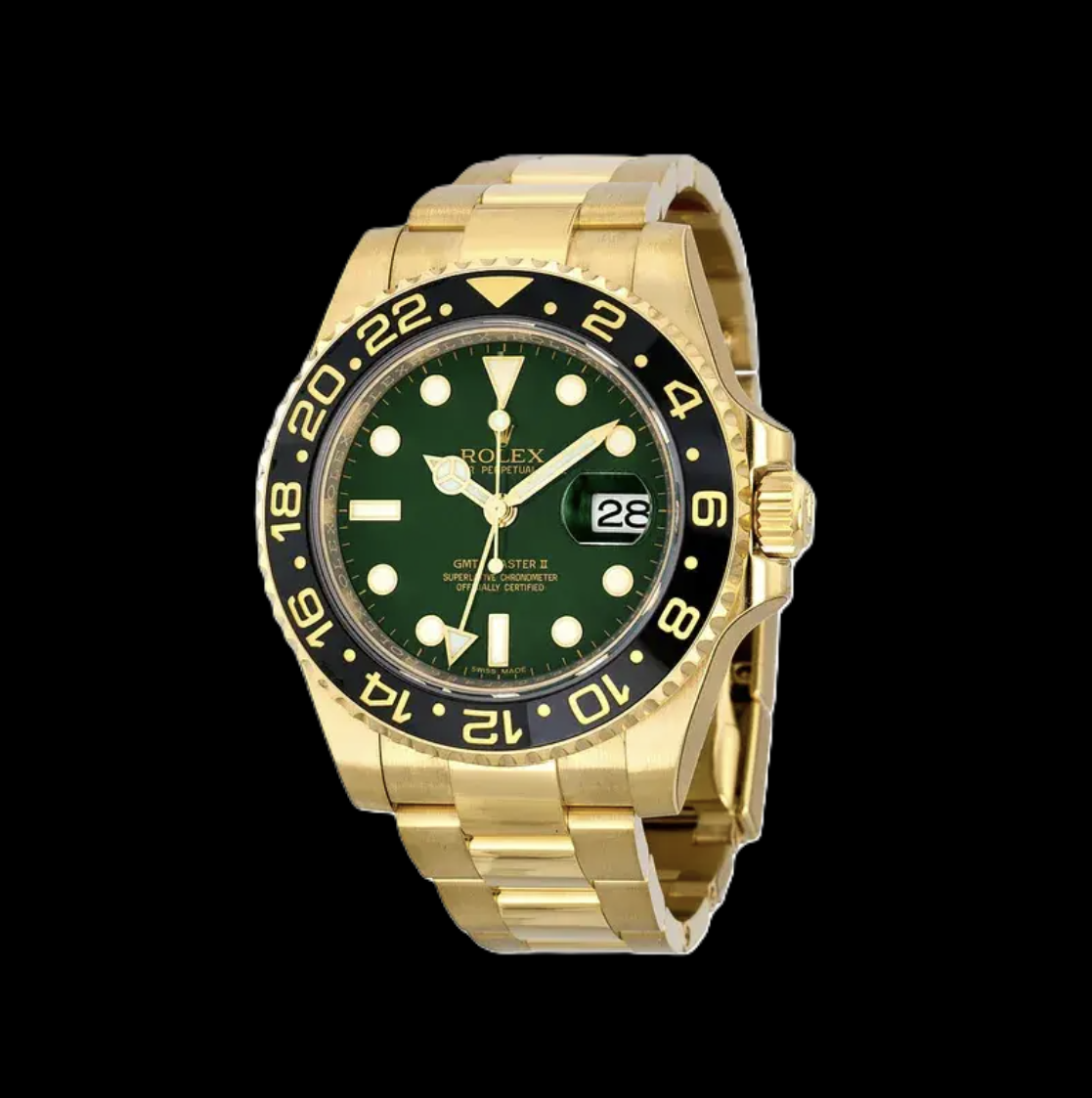 Rolex GMT-Master II 116718 40 mm Gelbgold-Uhr mit grünem Leuchtzifferblatt