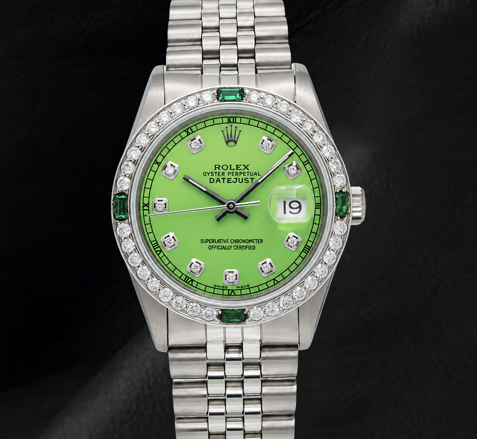 Rolex Datejust 16014 36 mm Uhr aus Edelstahl mit grünem Diamantzifferblatt