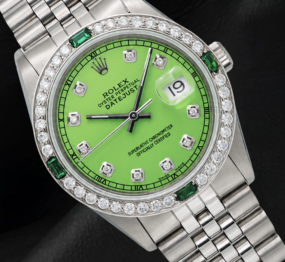 Rolex Datejust 16014 36 mm Uhr aus Edelstahl mit grünem Diamantzifferblatt