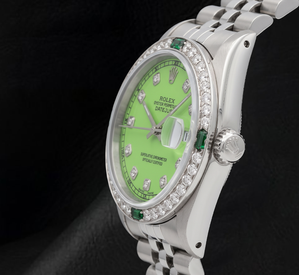 Rolex Datejust 16014 36 mm Uhr aus Edelstahl mit grünem Diamantzifferblatt