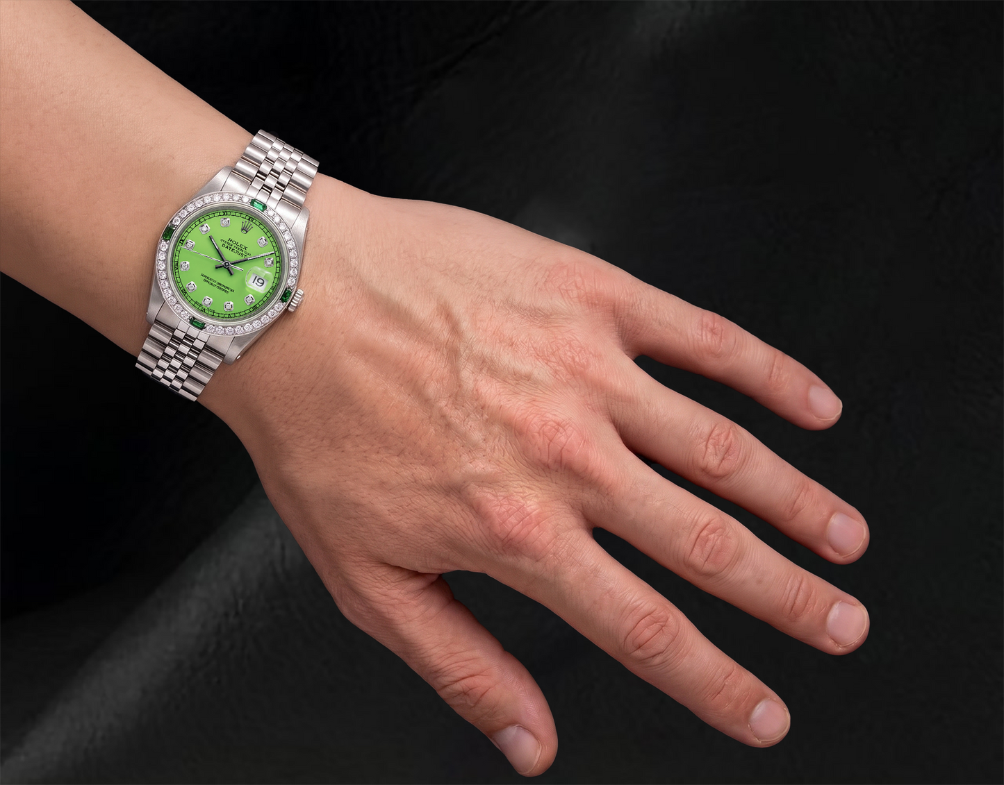 Rolex Datejust 16014 36 mm Uhr aus Edelstahl mit grünem Diamantzifferblatt