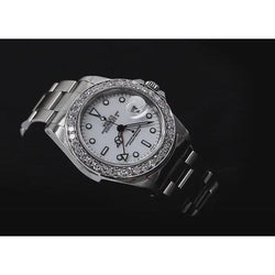 Rolex Herren Forscher Uhr, weißes Zifferblatt, individuelle Diamantlünette, Edelstahl