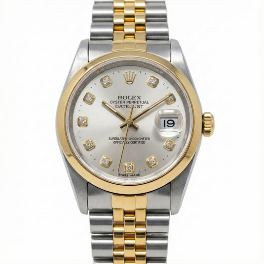 Rolex Herrenuhr Datejust aus Edelstahl und Golden mit silbernem Diamantzifferblatt