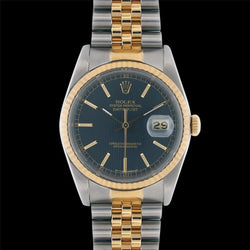 Rolex Herrenuhr aus Edelstahl und Gold mit blauem Zifferblatt und Schnellschaltung