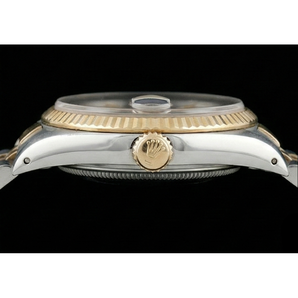 Rolex Herrenuhr aus Edelstahl und Gold mit blauem Zifferblatt und Schnellschaltung