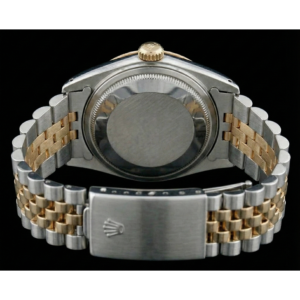 Rolex Herrenuhr aus Edelstahl und Gold mit blauem Zifferblatt und Schnellschaltung