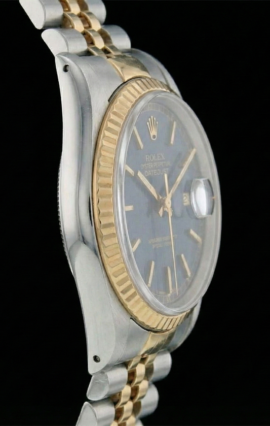 Rolex Herrenuhr aus Edelstahl und Gold mit blauem Zifferblatt und Schnellschaltung