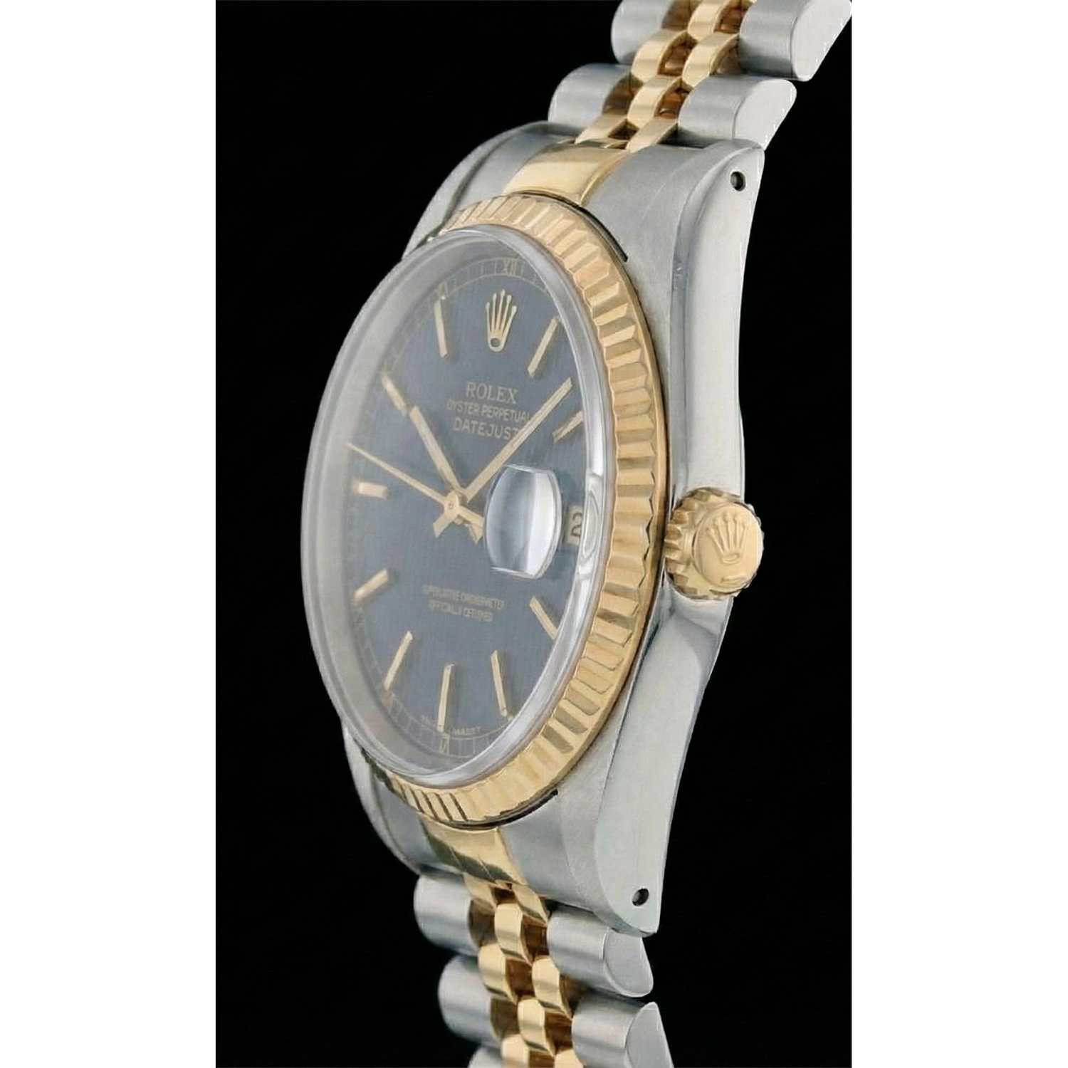 Rolex Herrenuhr aus Edelstahl und Gold mit blauem Zifferblatt und Schnellschaltung