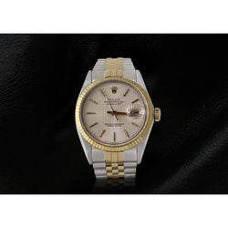 Rolex Herrenuhr, elfenbeinfarbenes Stick-Zifferblatt, Datejust, zweifarbig, Gold und Edelstahl, Schnelleinstellung