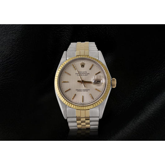 Rolex Herrenuhr, elfenbeinfarbenes Stick-Zifferblatt, Datejust, zweifarbig, Gold und Edelstahl, Schnelleinstellung