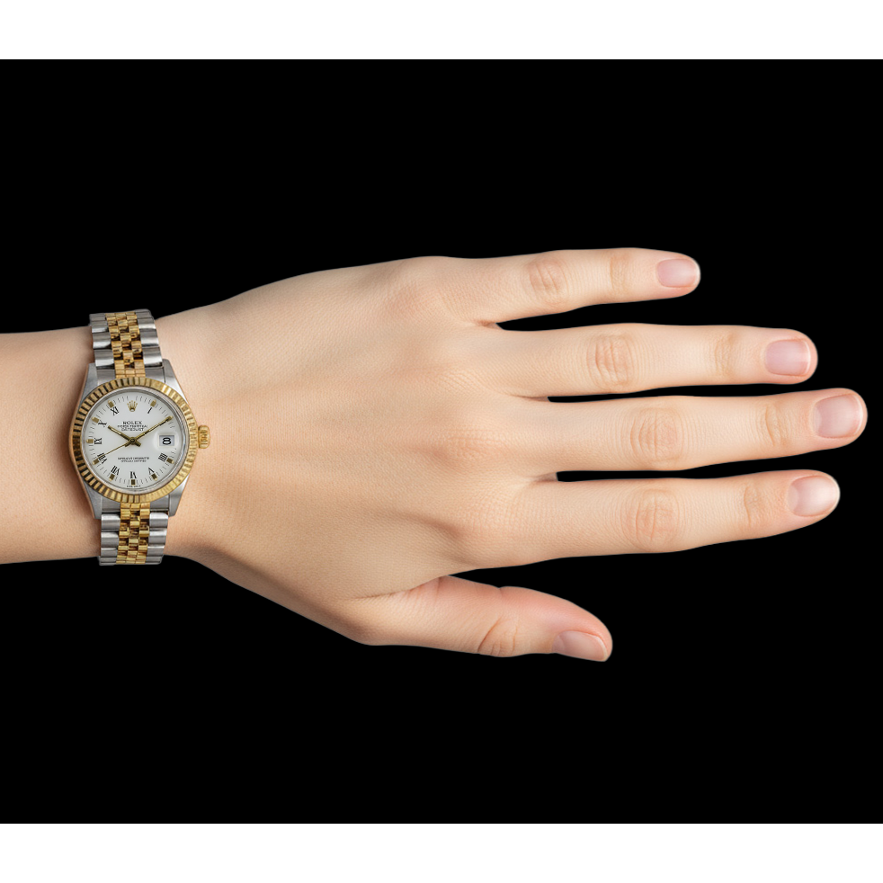 Rolex Jubilee-Armband mit weißem Stick-Zifferblatt, Datejust-Uhr, Gold-Edelstahl P4