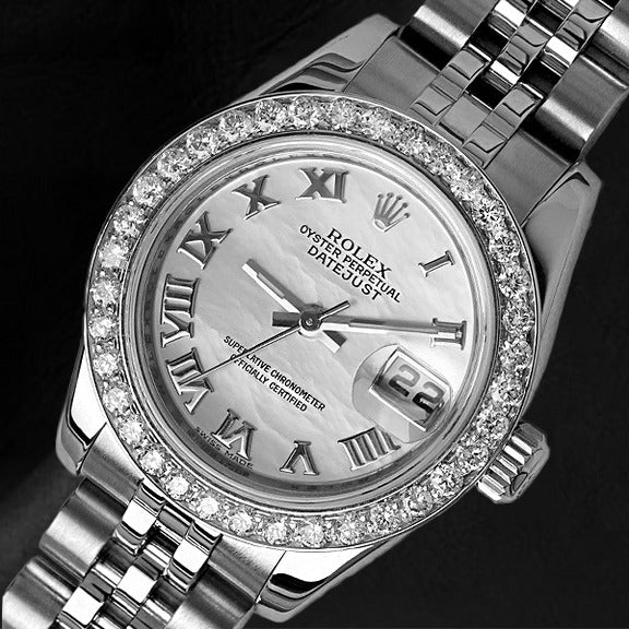 Rolex Lady-Datejust 26 mm weiße Perlmutt-Diamant-Stahl-Damenuhr