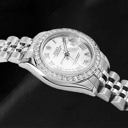 Rolex Lady-Datejust 26 mm weiße Perlmutt-Diamant-Stahl-Damenuhr