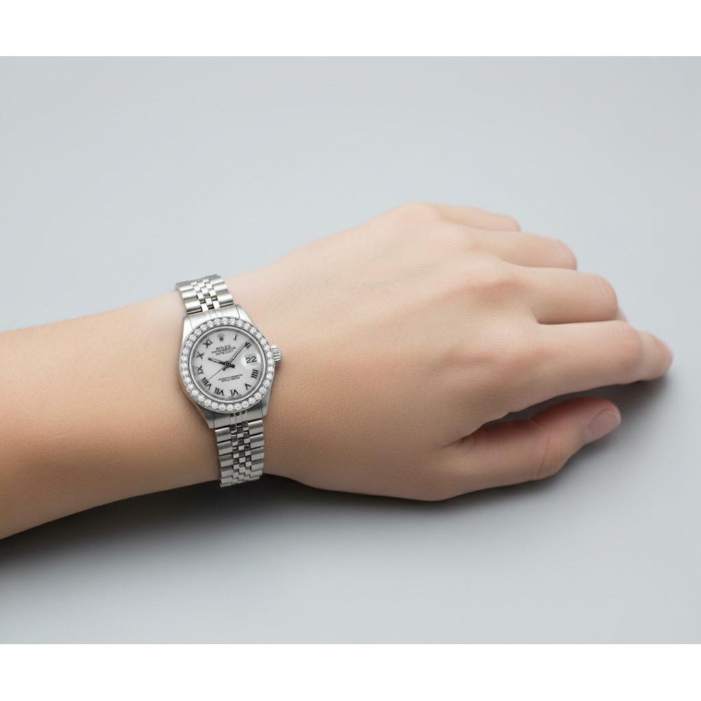 Rolex Lady-Datejust, 26 mm, weiße Perlmutt-Diamant-Damenuhr mit versteckter Schließe aus Stahl P4