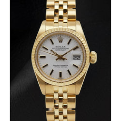 Rolex Lady-Datejust – Armbanduhr mit weißem Stabzifferblatt und Präsidenten-Stil und Gelbgold-Armband