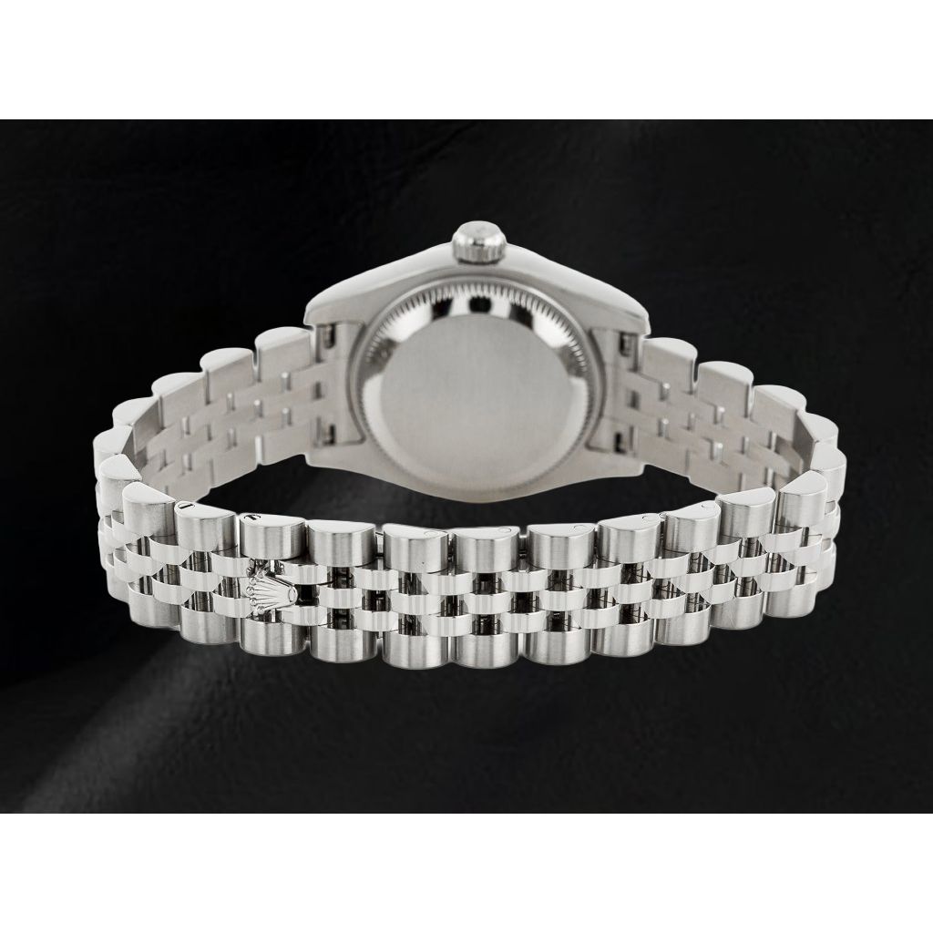 Rolex Lady Datejust 26 mm, lachsfarbenes Zifferblatt, geriffelte Lünette, Jubilee-Schließe, verdeckte Faltschließe