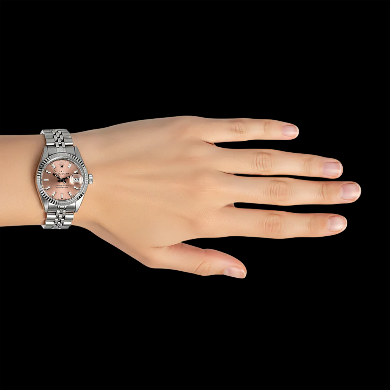 Rolex Lady Datejust 26 mm, lachsfarbenes Zifferblatt, geriffelte Lünette, Jubilee-Schließe, verdeckte Faltschließe
