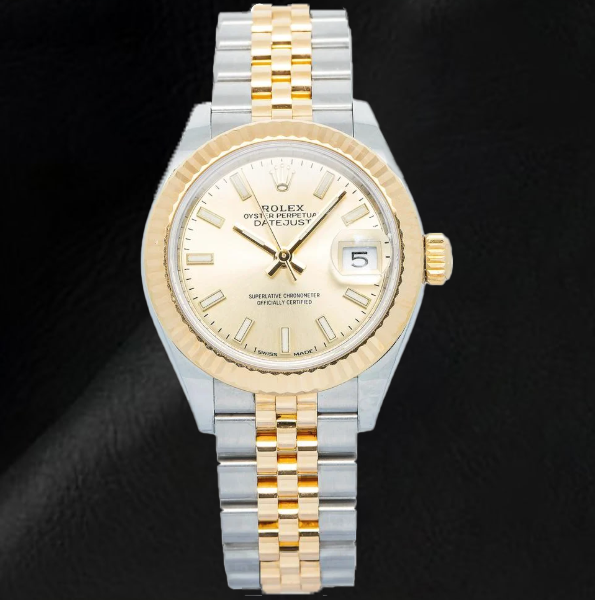 Rolex Lady-Datejust 28 mm 279173 Bicolor-Uhr mit champagnerfarbenem Zifferblatt mit Leuchtindizes