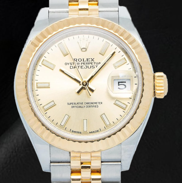 Rolex Lady-Datejust 28 mm 279173 Bicolor-Uhr mit champagnerfarbenem Zifferblatt mit Leuchtindizes