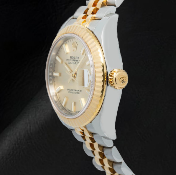 Rolex Lady-Datejust 28 mm 279173 Bicolor-Uhr mit champagnerfarbenem Zifferblatt mit Leuchtindizes